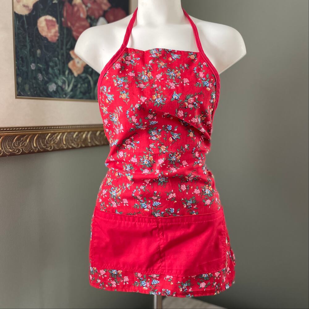 Vintage Handmade Red Floral Kitchen Apron with Pockets